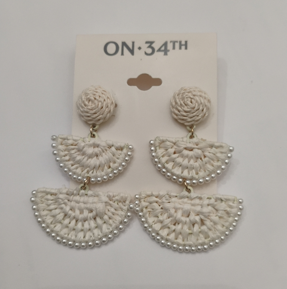 ON 34th Cream Woven Raffia & Pearl Stone Earrings NWT